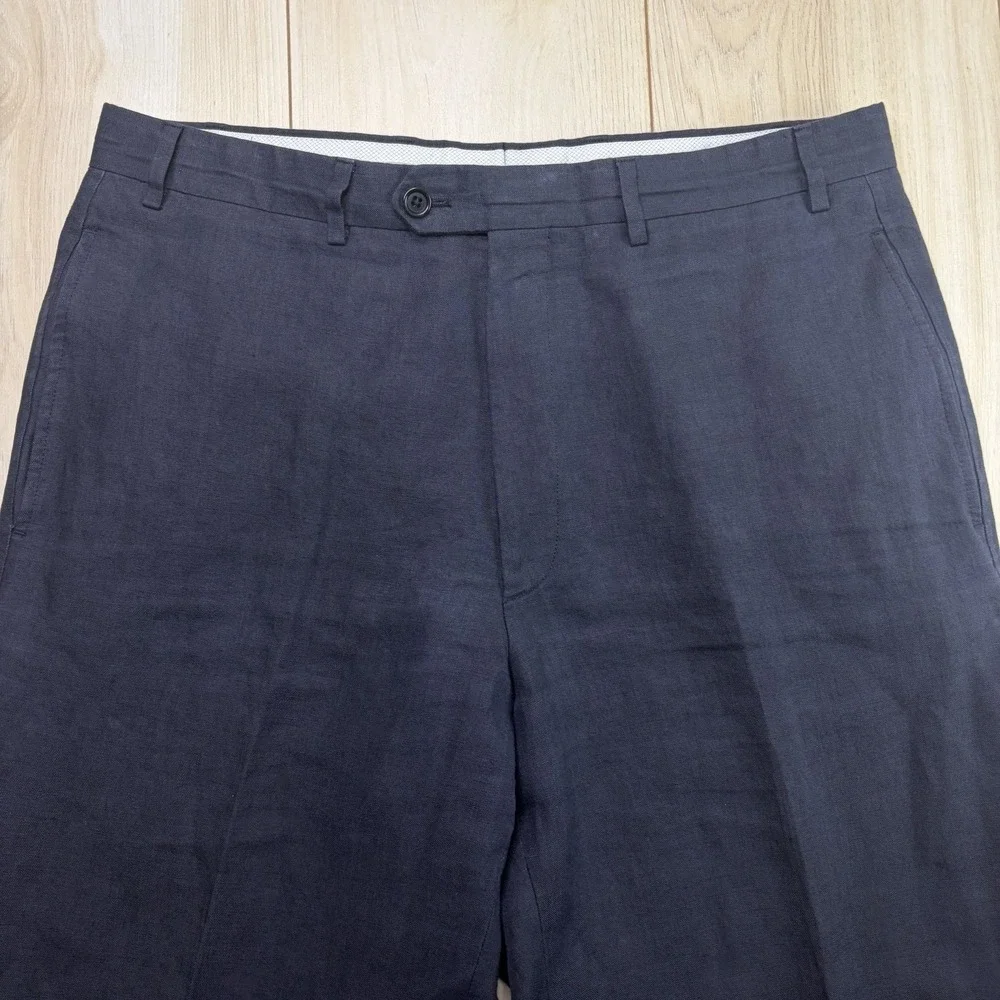 Gran Sasso 100% Flax Dress Pants Mens Size 34x32 Navy Blue Trousers Linen